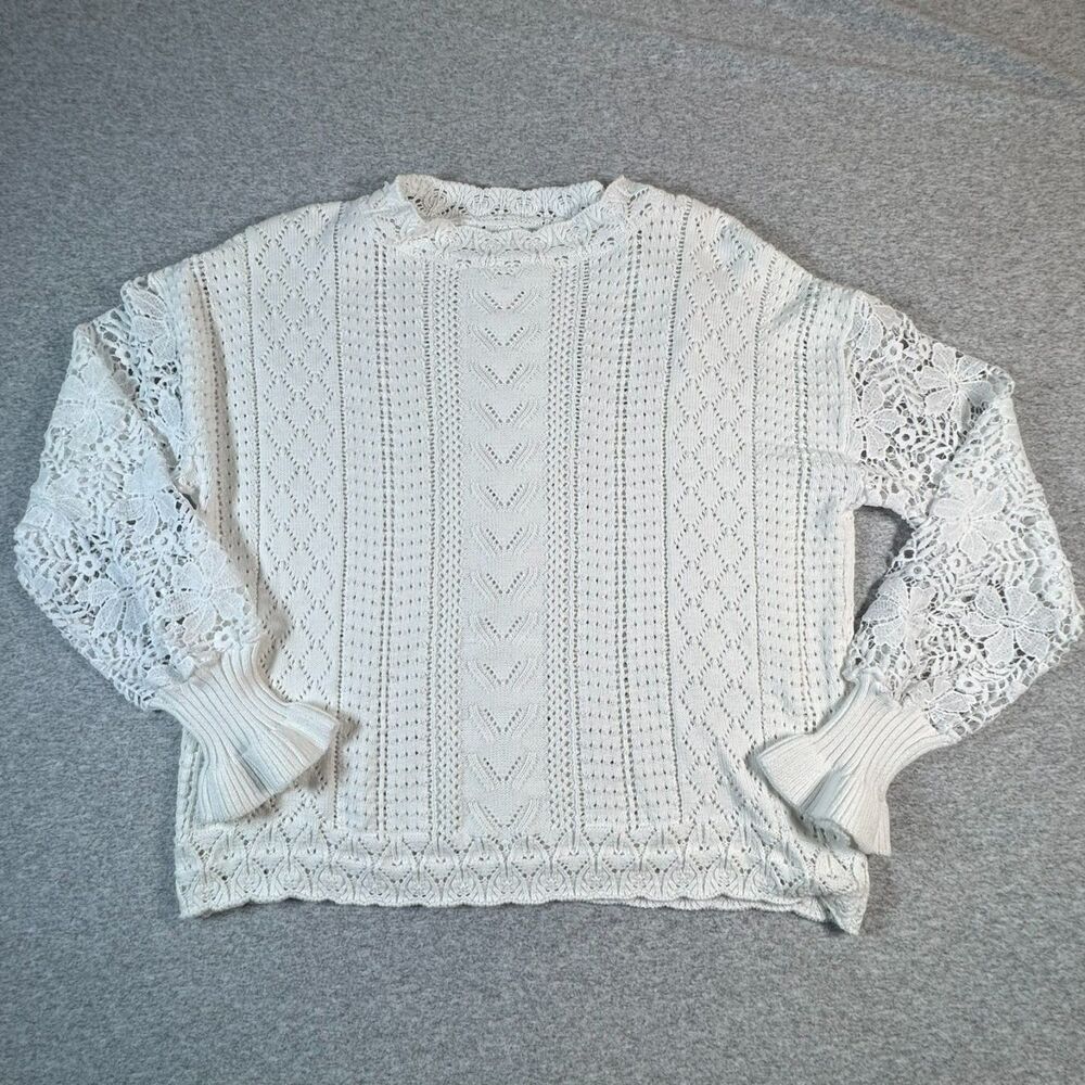 Women's M White Pointelle Crochet Knit Sweater Floral Lace Sleeve Cottagecore